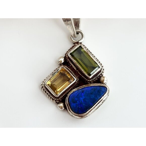 Lapis Lazuli, Citrine & Peridot Gemstone Sterling Silver 925 Vintage Pendant - Picture 2 of 9